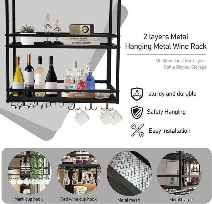 Ceiling Wine Glass Rack, Hanging Wine Display Shelf 2-Tier, Bar Liquor Storage Shelf for Bar Cafe Kitche, Metal Wine Bottle, Goblet Stemware Rack(Gold, 47.24x39.37x11.81in)