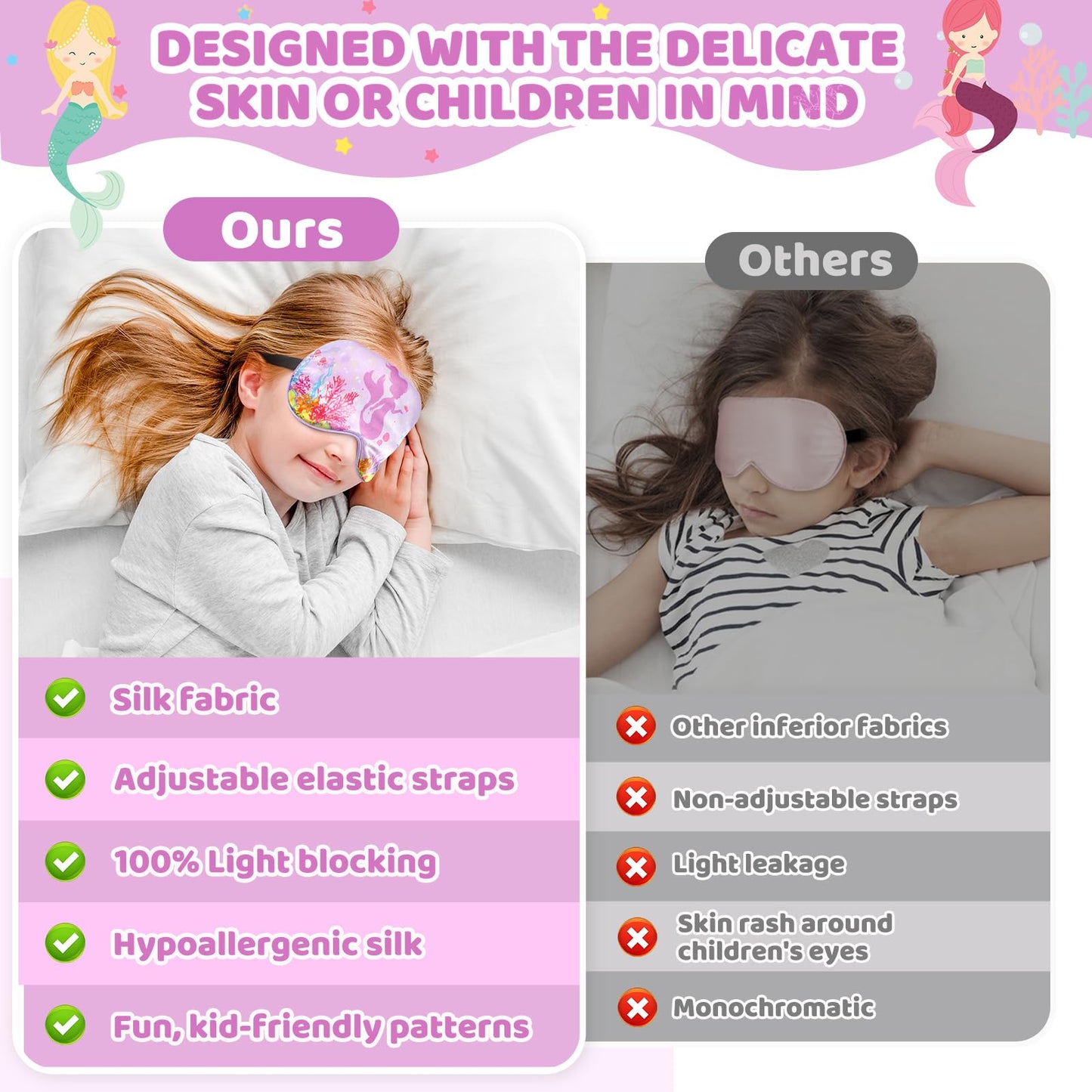 2 Pcs Sleep Mask for Kids Girls, Silk Eye Covers for Sleeping, Adjustable Strap & Light Blocking Design, Children's Bedtime Blindfold for Travel and Home Use (Mermaid)