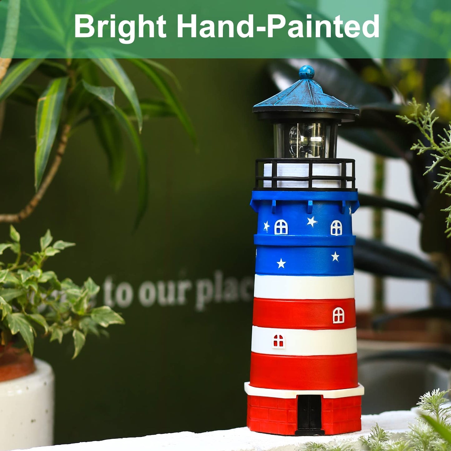 WDLFCGC Solar Powered Lighthouse - 12in Rotating Beacon Decoration, Blue Top, Model 3130C