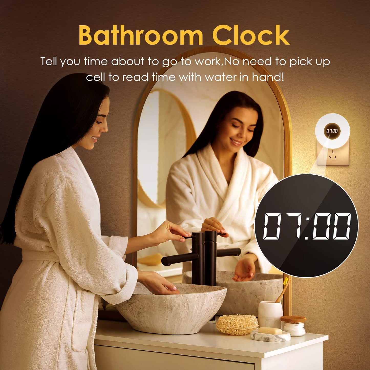 One Fire Night Light, 2PCS LED Plug-in Night Lights, Dimmable, 3 Light Colors, Bathroom Clock, Remote & Timer, ABS Material