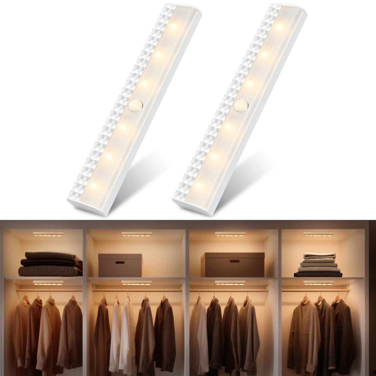 Maylit 2 Pack Closet Lights Motion Sensored  Battery Operated Light Indoor  Wireless Magnetic Night Led Bar  Stick On Lighting For Stair  Shelf  Hallway  Bed  Pantry  Under Cabinet  3000K Warm White