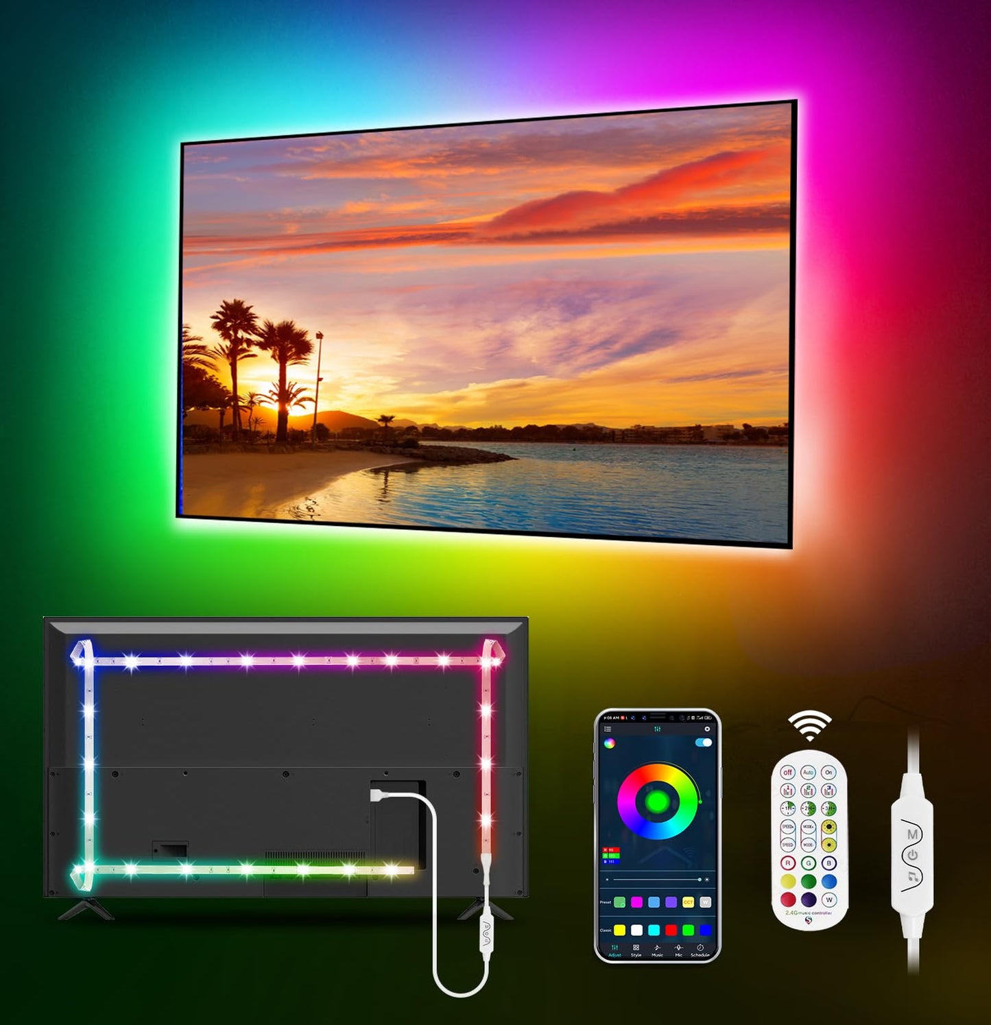 MATICOD LED Strip Lights for TV, 9.84ft RGB, Bluetooth APP Control, Music Sync, Suitable for 32in-43in TV, Rainbow Color