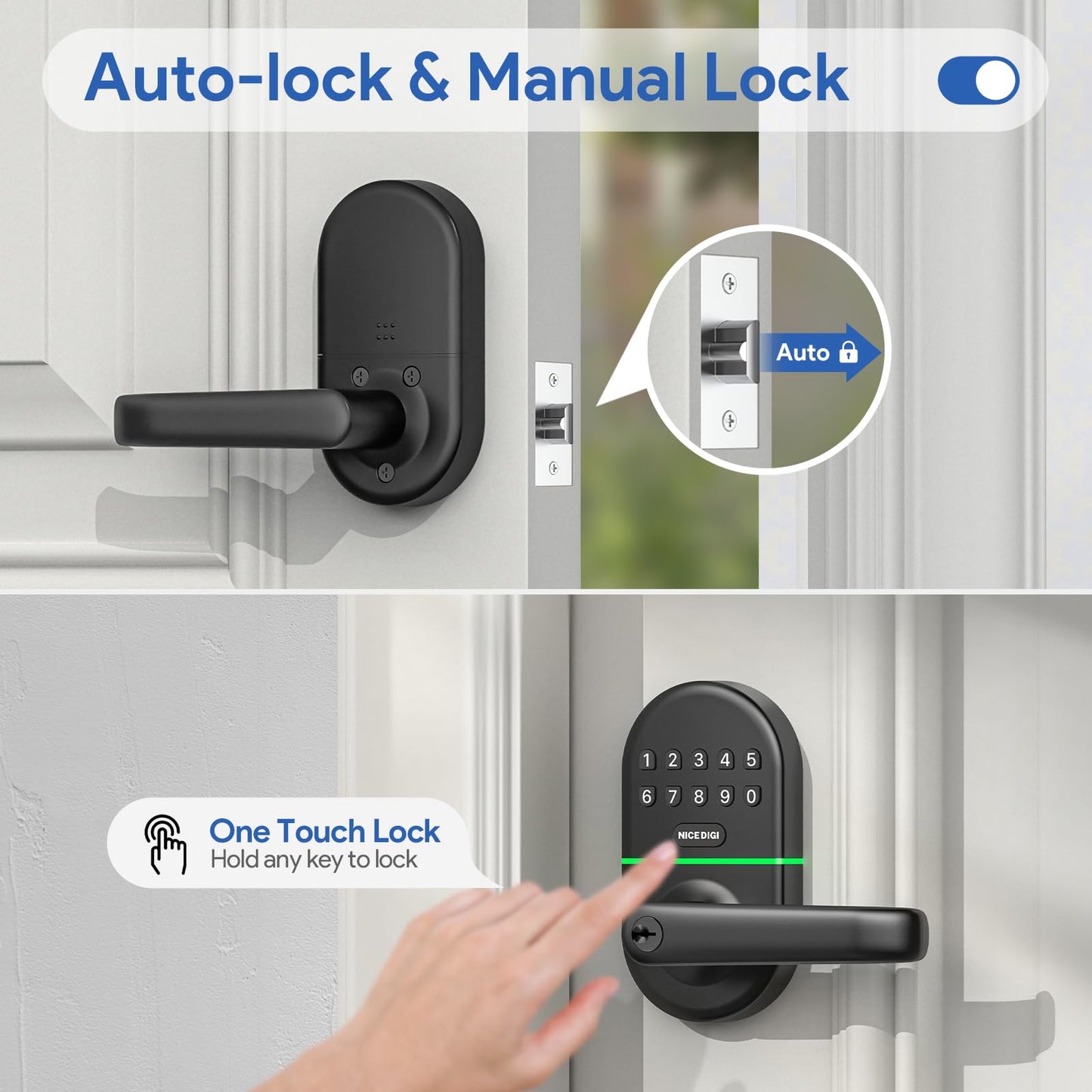 Smart Keypad Door Lock with Handle: NICE DIGI Keyless Entry Digital Lock for Front/Interior Door, Electronic Code Knob, Easy Installation