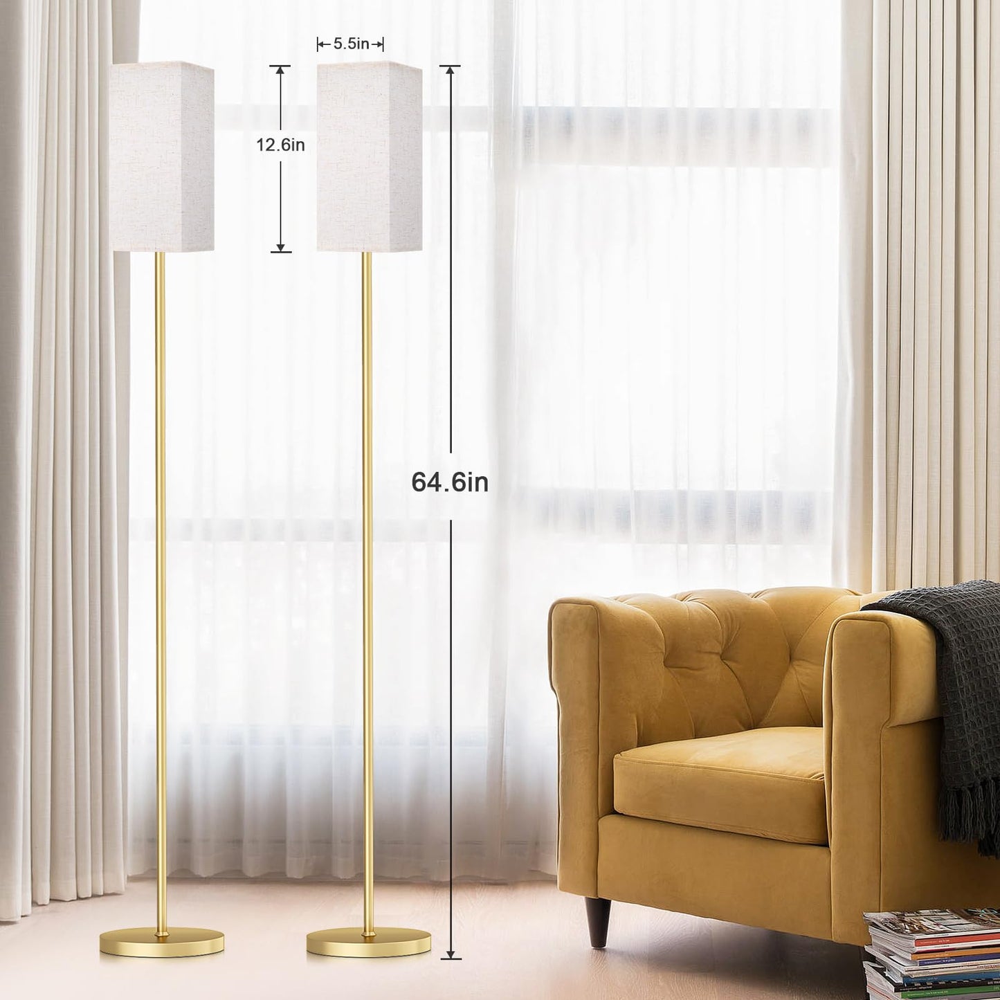 Ambimall Remote Control Floor Lamp, 64in Tall, Stepless Dimmable, Metal, Light Beige & Gold, Includes 9W Bulb, 2 Packs