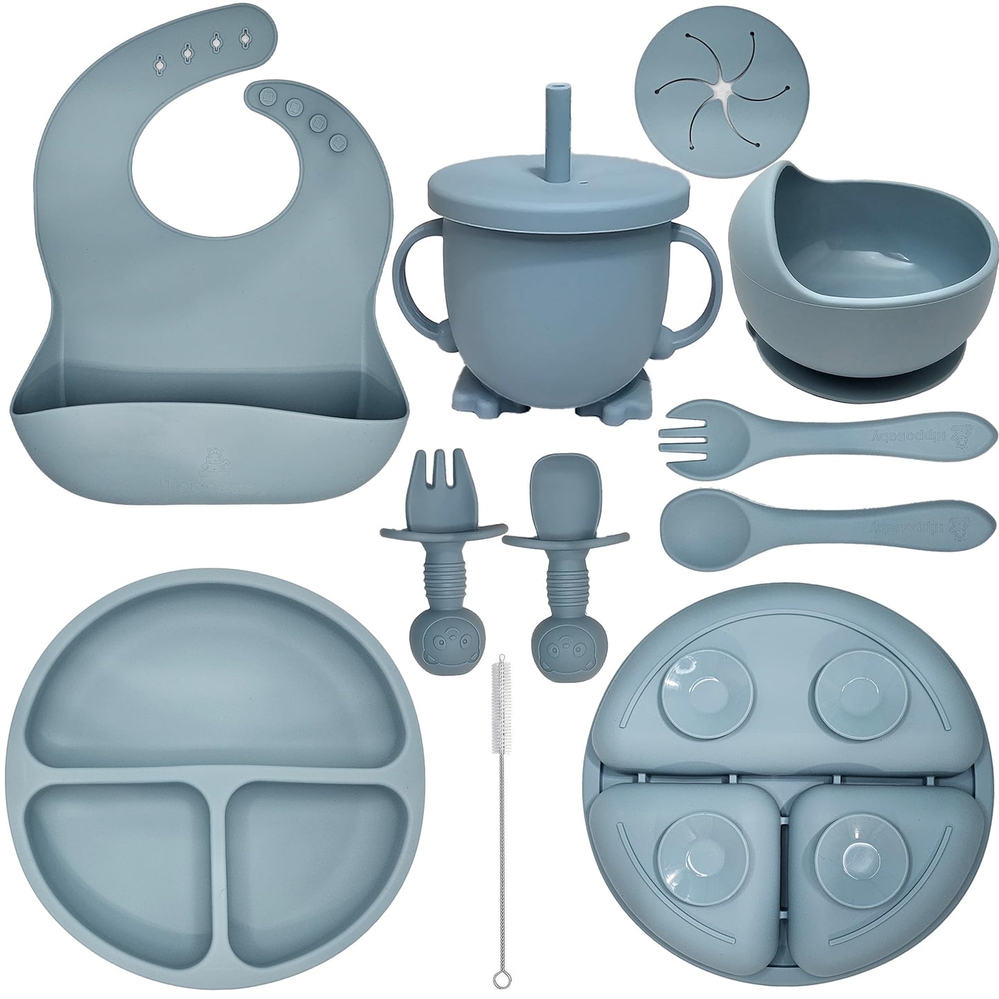 HippoBaby Baby Led Weaning Supplies | 10 Piece Silicone Baby Feeding Set | Baby Toddler Bib Cup Divided Plate and Bowl Self Feeding Spoons Dish Set | Baby Utensils | Toddler Feeding Supplies (Sky)
