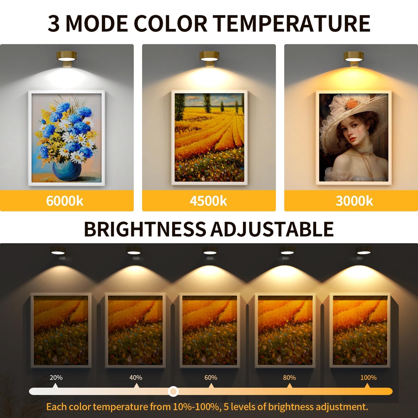 Narotood Picture Lights, 6 Pack, Rechargeable Battery Operated, Wireless Magnetic, Remote Control, Golden, Model 6BHD00012
