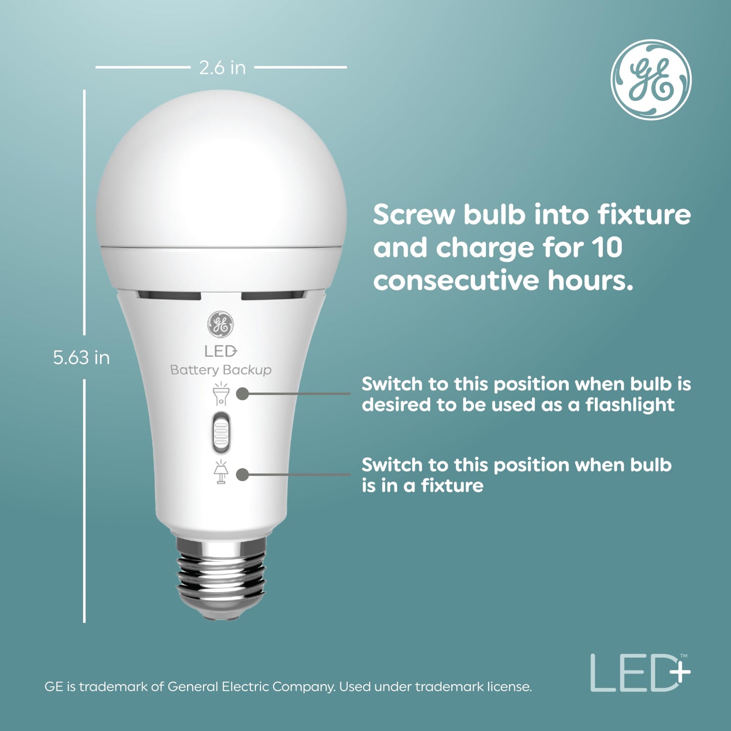 GE LED+ Rechargeable Backup Battery Light Bulb, Soft White, Medium Base, 1 Pack, ABS, Model 10043168502136.00