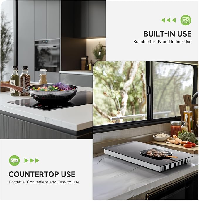 AMZCHEF Induction Cooktop 2 Burners, 12 Inch Bulit-in & Countertop Induction Stove with Plug 110V-120V, 9 Power Levels Electric Stove 1800W, Child Lock, Timer, Touch Control for Fast Cooking