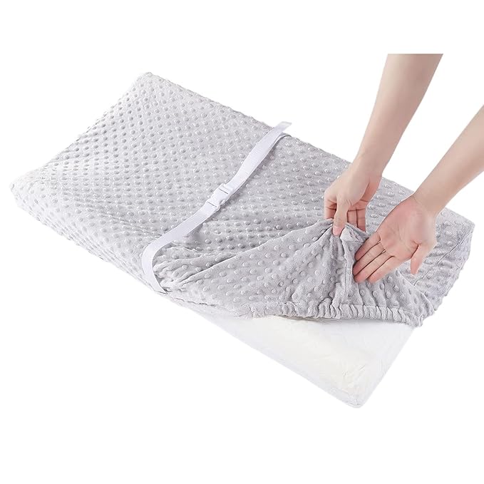 2 Pack Solid Changing Table Pad Cover Cradle Sheet, Fits 32"/34''x16 Contoured Diaper Changing Pad, Dots Plush Changing Table Covers(Beige + Grey)
