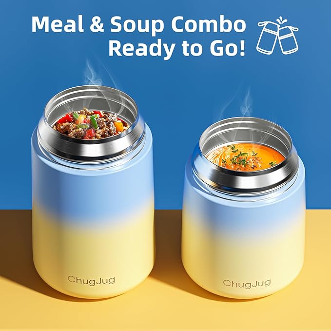 2 Pack Soup Thermo for Hot Food for Adults Kids, Vacuum Insulated Food Jar, Lunch Thermo Food Container for School Office, Cute Travel Food Flask with Spoon (26 oz,18 oz) (Blue)