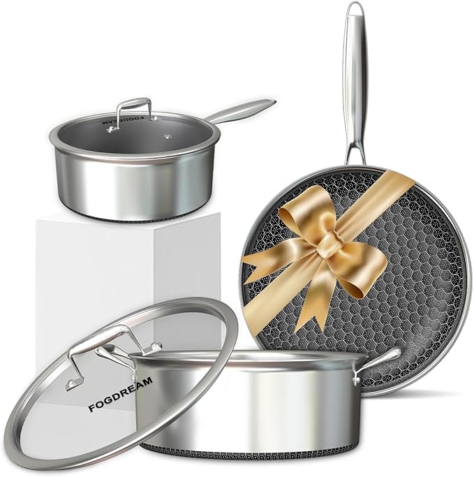 FogDream 7PCS Nonstick Cookware Set, 9.5" Fry Pan, 8 QT Soup Pot, 1.5 QT Sauce Pan with Tempered Glass Lids, Cool Handles, Dishwasher Safe, Induction Compatible for All Cooktops, Silver
