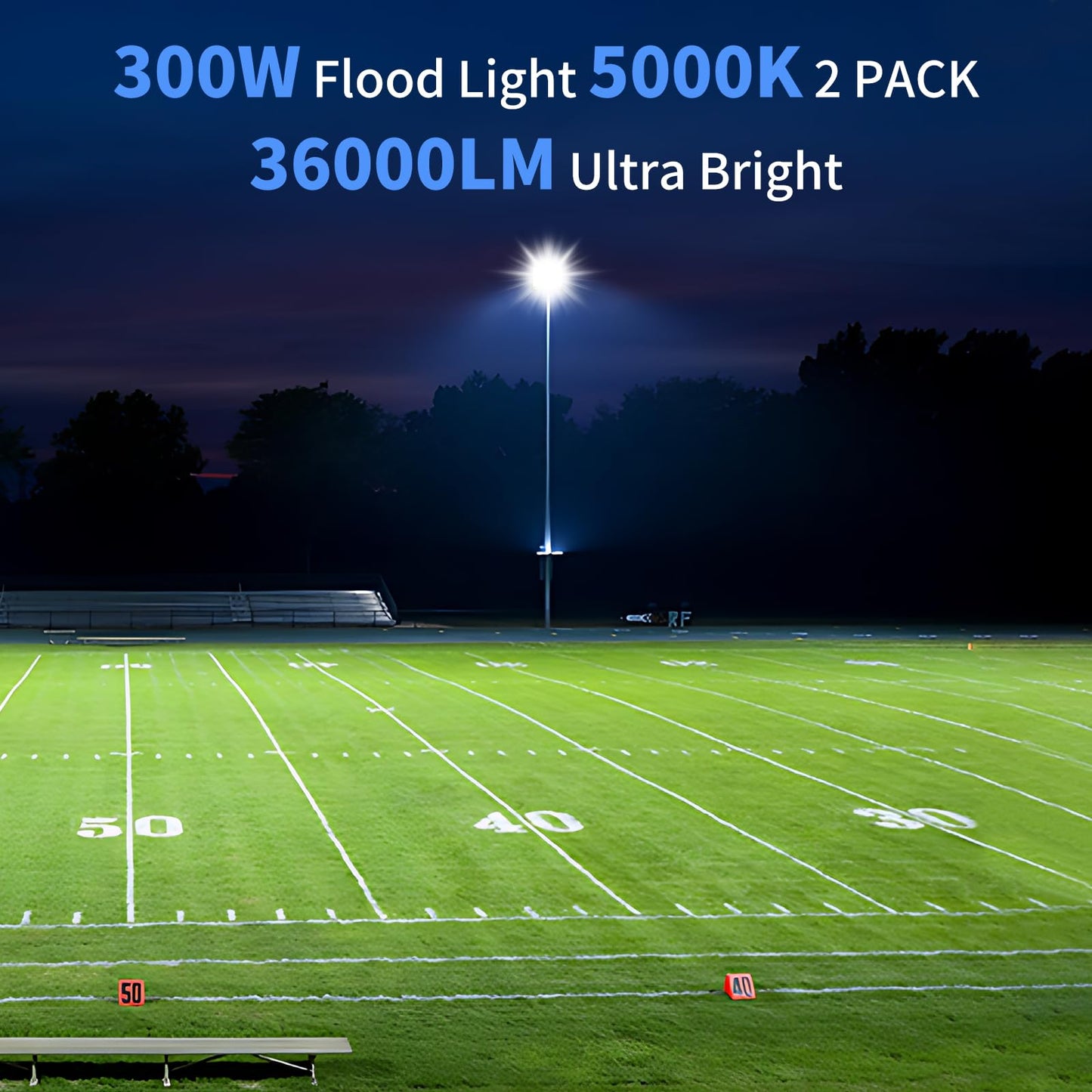Isuerfy 300W Led Flood Light, 36000Lm, Ip66 Waterproof, 5000K Daylight White, Outdoor Plug-In, 2 Pack, Black/Clear