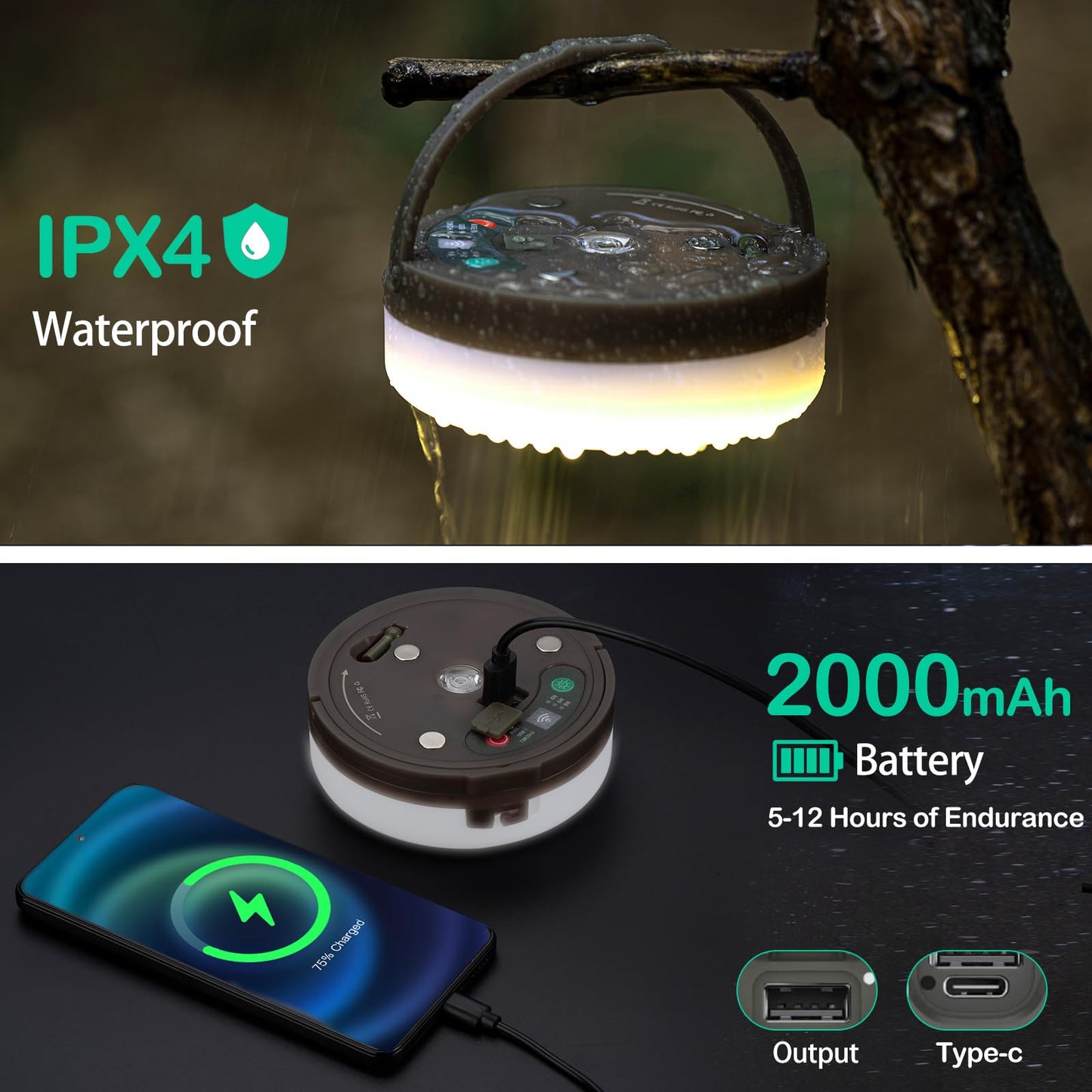 Sutaig Camping Lantern String Lights with Remote Control, 32.8Ft, Waterproof, Type-C Fast Charging, Model WCCX-SSDC-RGB