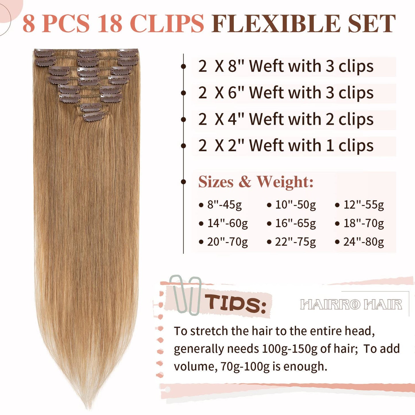 Hairro 8 Inch Short Clip in Human Hair Extensions 45g Thin 8 Pcs 18 Clips Standard Weft Straight Clip on 100% Human Hairpieces f