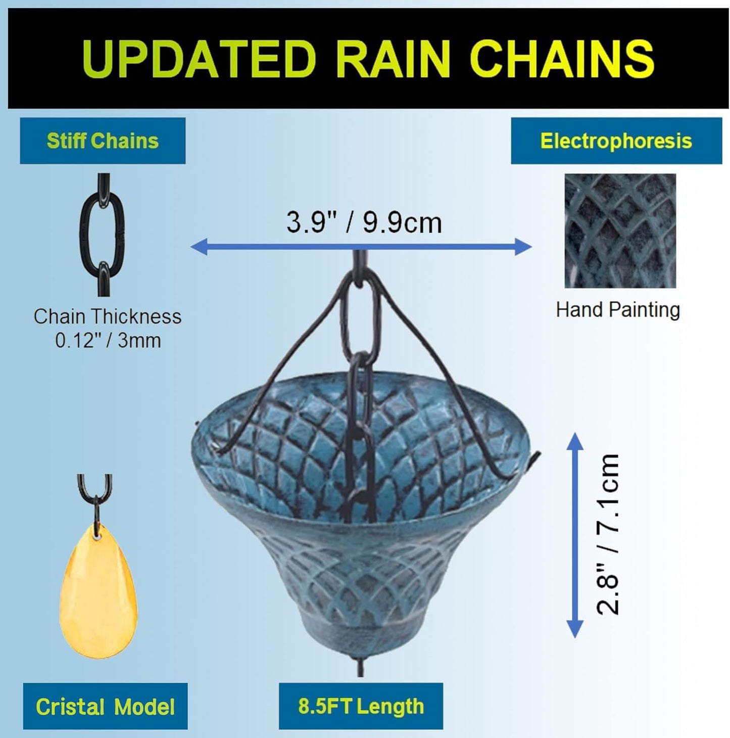 [Upgraded] 8.5FT Antique Sky Blue Colored Iron (Double-Sided) Rain Chains for Gutter and Rain Barrel, Rust-Resistant Plated Garden Décor Rain Chain for Downspout (not Included an Adapter)