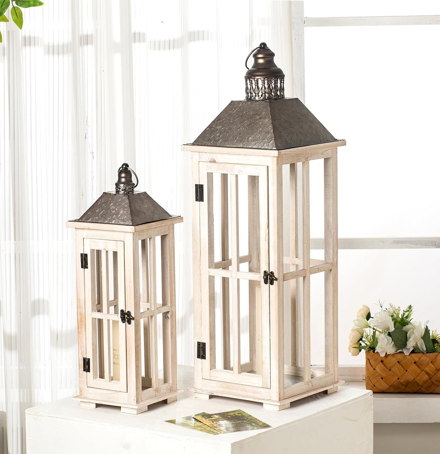 TIMRIS Large Rustic Wooden Decorative Lantern Set of 2, Modern Farmhouse Distressed Whitewash Floor Candle Lanterns, Indoor/Outdoor Hanging Lanterns for Home Decor (No Glass)