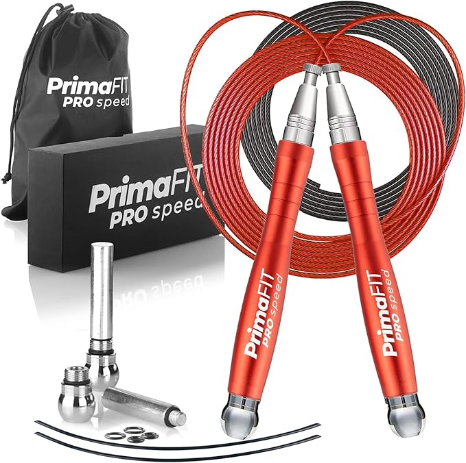 PrimaFIT Jump Rope Pro Speed Skipping Rope Adjustable Adult Jumping Rope Weighted Aluminium Handles for Double Dutch Boxin...