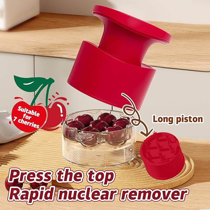 Cherry Pitter - Quick Release Multi Cherries Stoner Pitter 7-in-1, Push Button Cherr'y Core Pit'ter Tool Multiple with Splatter Protector, Pit Seed Remover for Making Jam Cherry Dishes (Red-7 Holes)