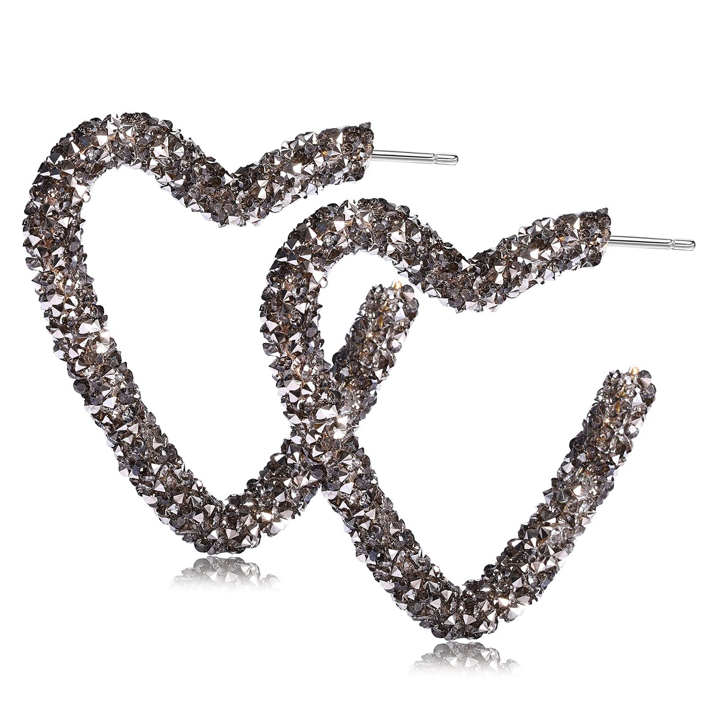 NLCAC Glitter Heart Hoop Earrings Bohemian Sparkle Resin Rhinestone Wrapped Hoop Dangle Earrings for Women Grey