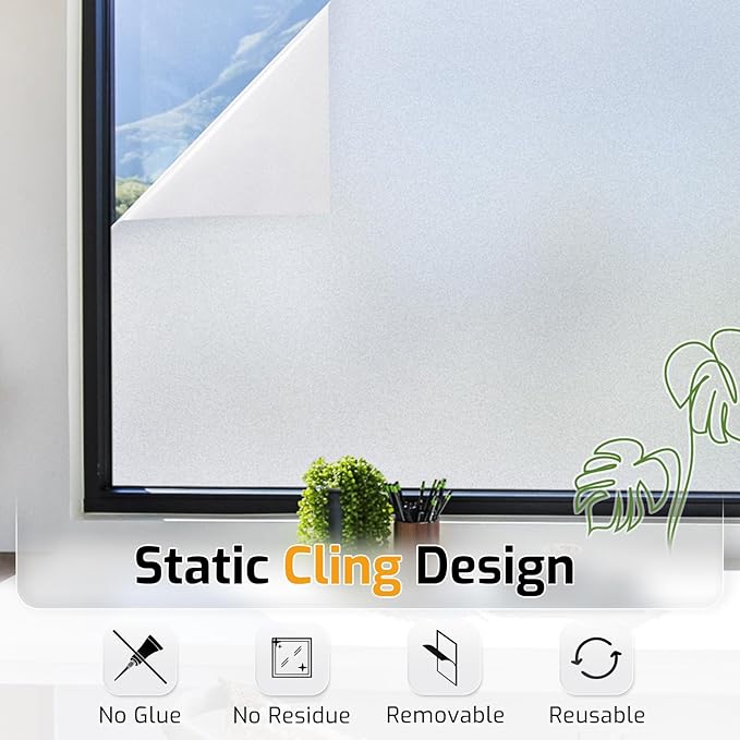 LUTE Window Privacy Film, Frosted Glass Window Film for Bathroom, Static Cling Removable Heat Control Glass Coverings, Non Adhesive Opaque Door Sticker for Home Office (Pure, 35.4" x 78.7")