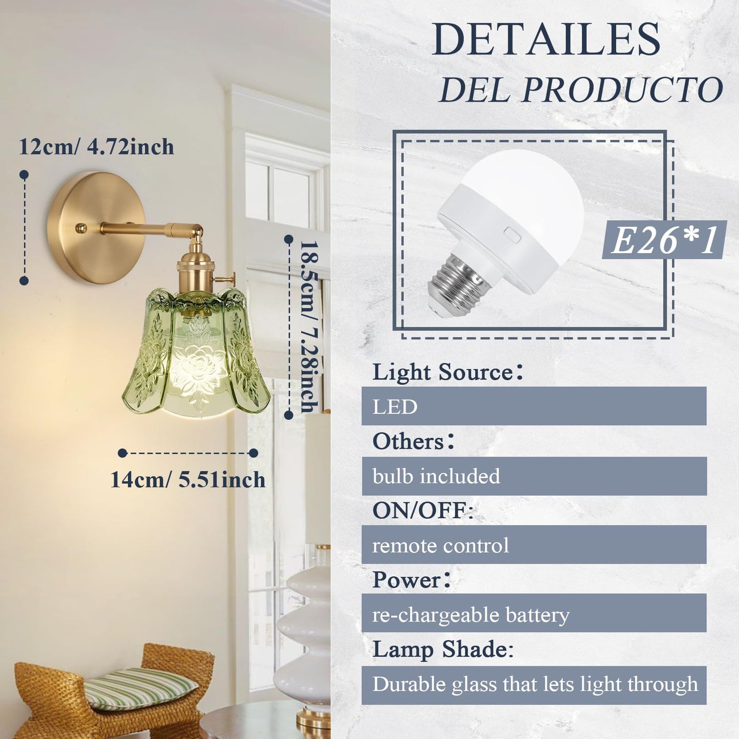 EIDEARAY Battery Operated Wall Sconce, Wireless RGB Dimmable LED Light, Vintage Design, Deep Green
