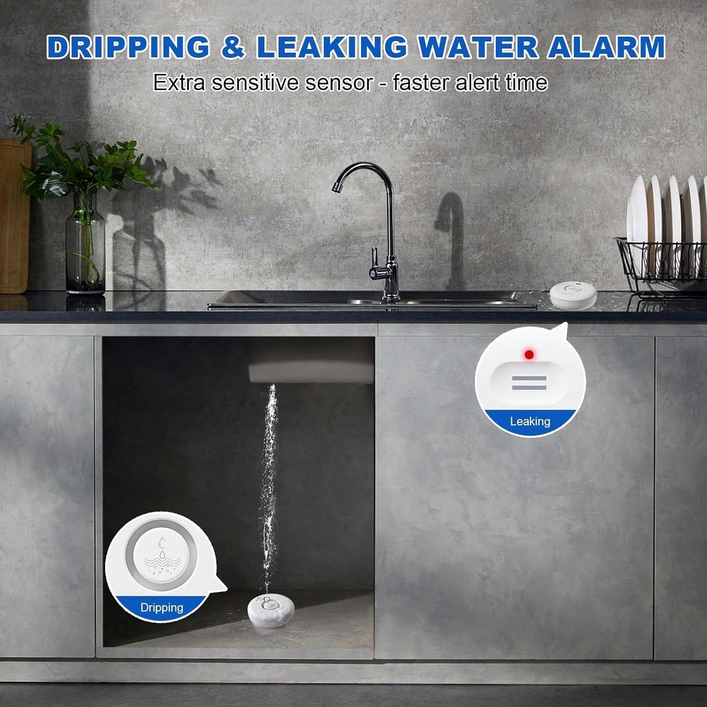 WiFi Water Leak Detectors 5 Pack, 120dB Adjustable Loud Water Leak Sensor, Wireless Wi-Fi Water Leak & Drip Alarm, App Alerts, 5 Water Alarm Sensors & 1 Hub for Home Kitchen, Bathroom, Sink, Laundry