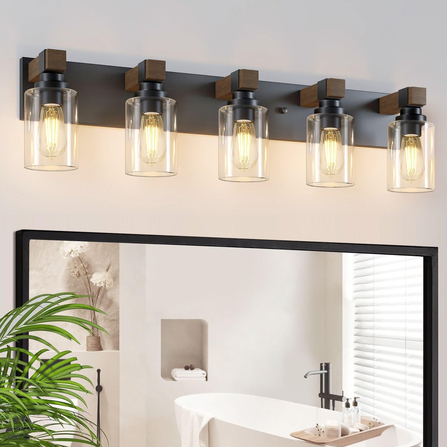 Farmhouse Bathroom Vanity Light Fixtures  Rustic 5-Light Wood Vanity Lights For Bathroom  Vintage Black Wall Sconces Lighting  Light Fixtures Over Mirror  With Glass Shade