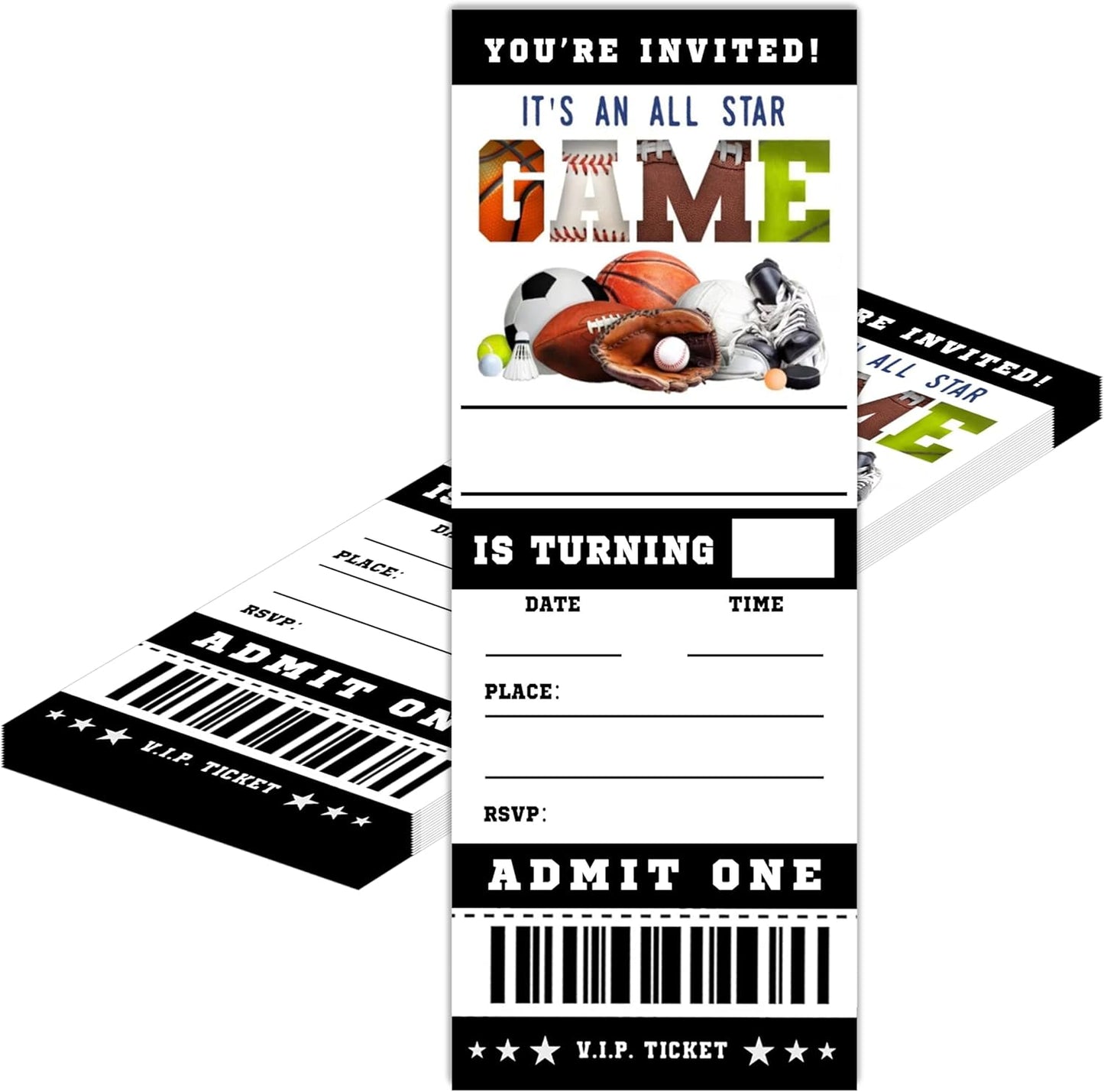 Sports Birthday Cards-20 Basketball Baseball Football Tennis Ticket Invite Cards-It's An All Star Birthday Invitation with Envelopes for Teens kids Adults-Party Favor & Supplies (3×8 inch)-A15