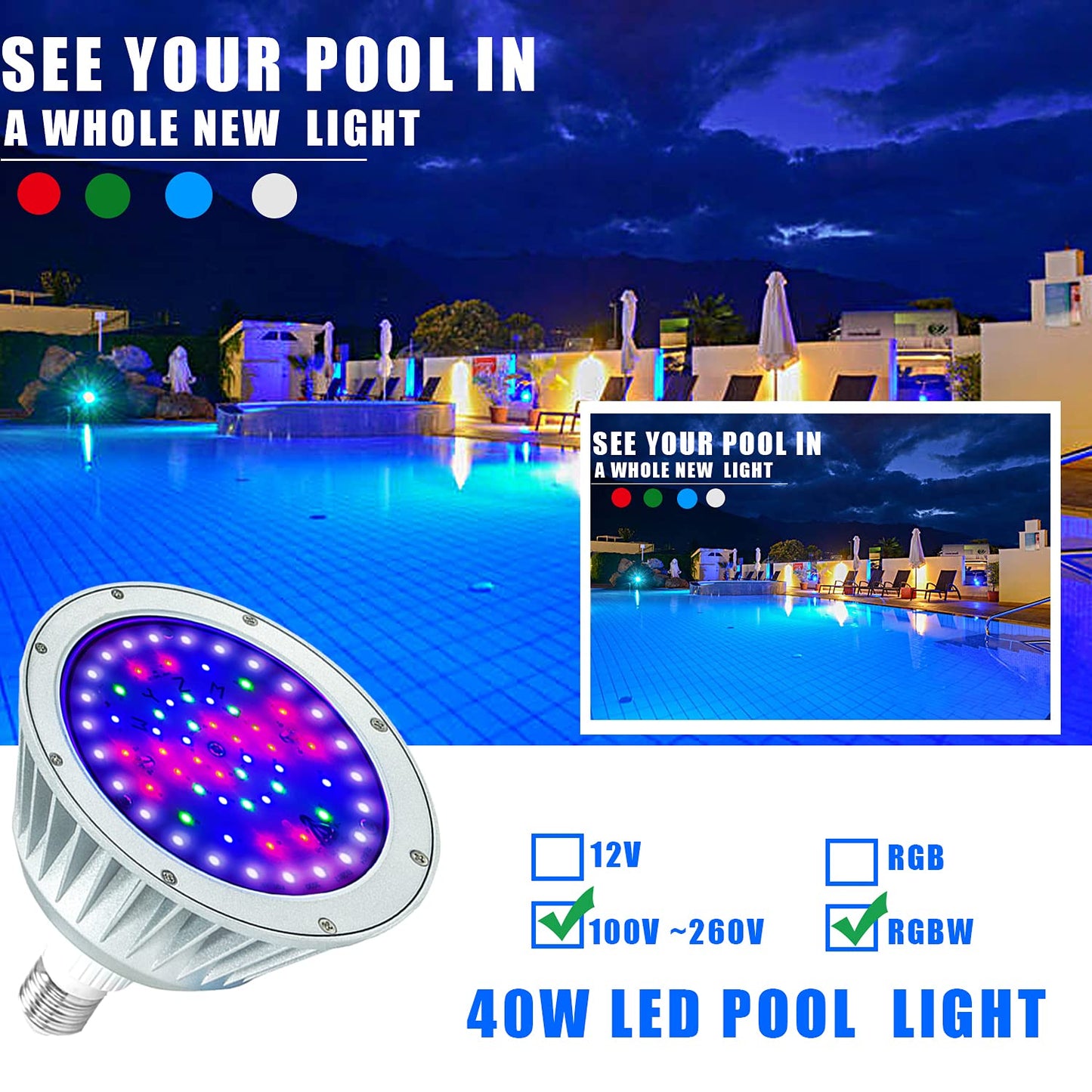 WYZM Waterproof 120V 40W RGBW LED Pool Light Bulb for Pentair/Hayward, 1 Count, Red