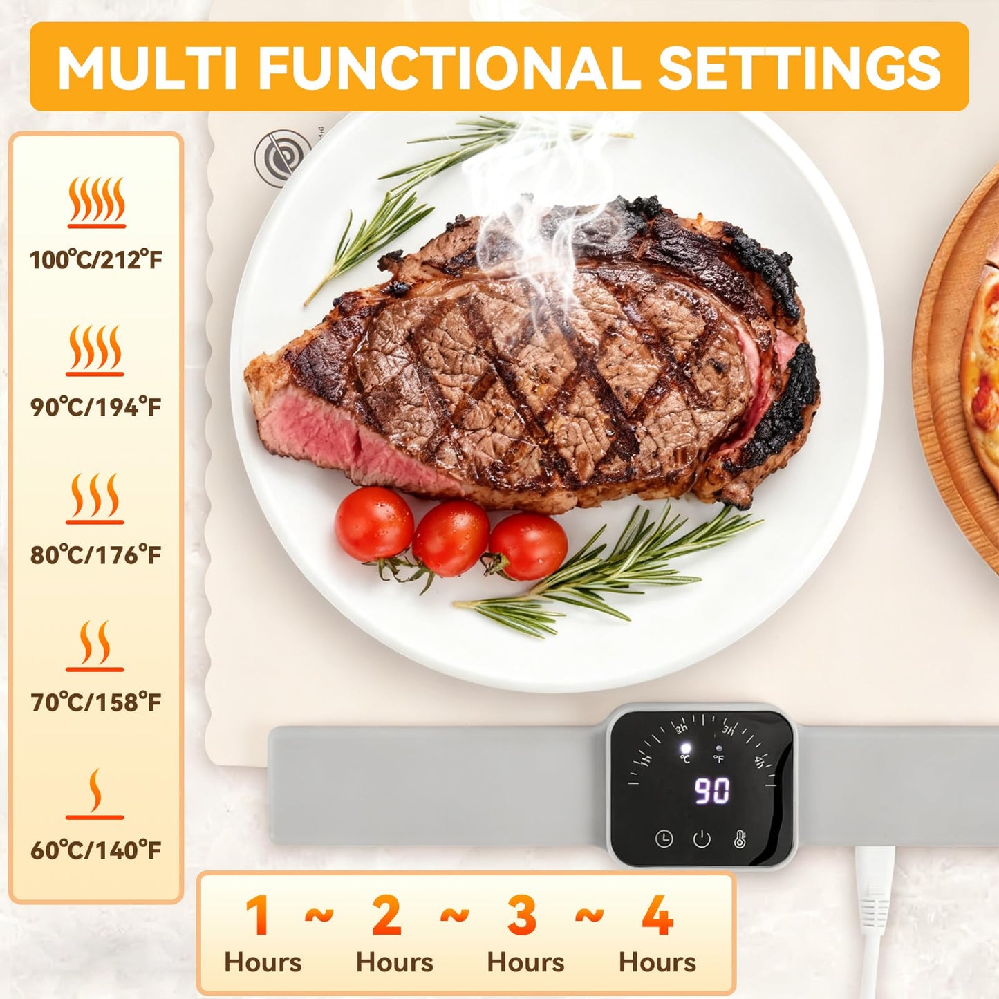 Food Warming Mat - Fast Heating Silicone Electric Warming Tray, Adjustable Silicone Heating Pad with 3 Temperature Settings 4 Timer Function Portable Roll Up Hot Plate