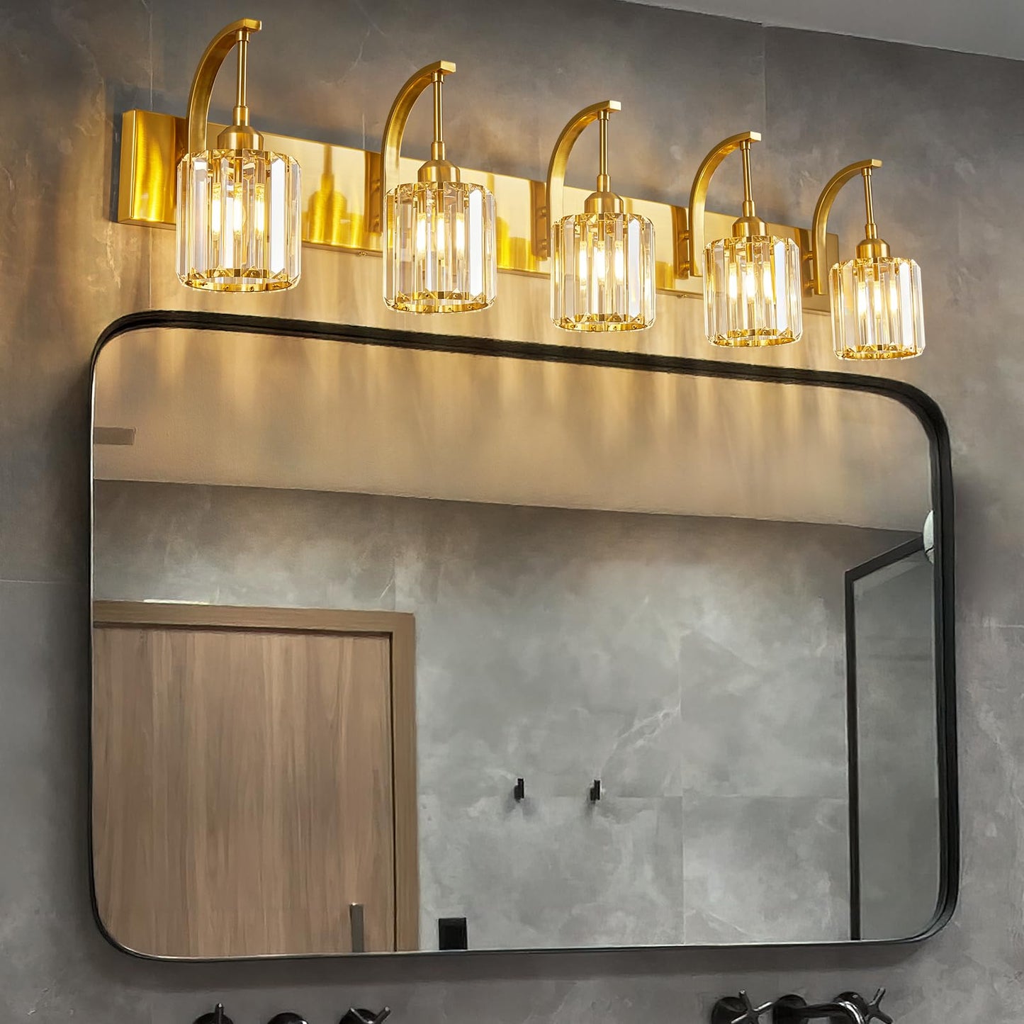 Fdpby 5-Light Crystal Vanity Light  Modern Gold Bathroom Wall Sconce With K9 Crystal Shades  42.51 Long Over Mirror Lighting For Vanity  Makeup  Hallway  Elegant & Easy Installation