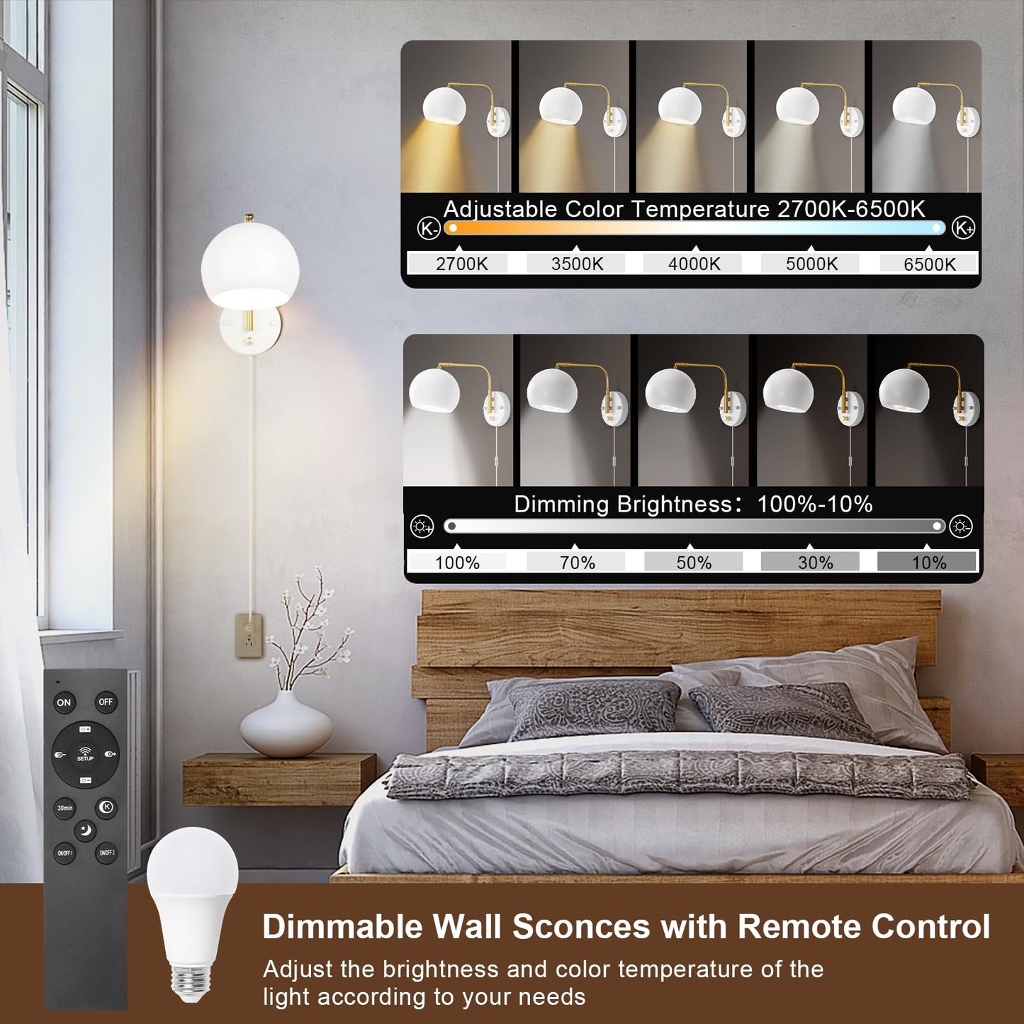VATONI Wall Sconce with Remote Control, Dimmable 0-100%, Adjustable Color Temp 2700K-6000K, 2 Pack, Brushed Brass, White Globe