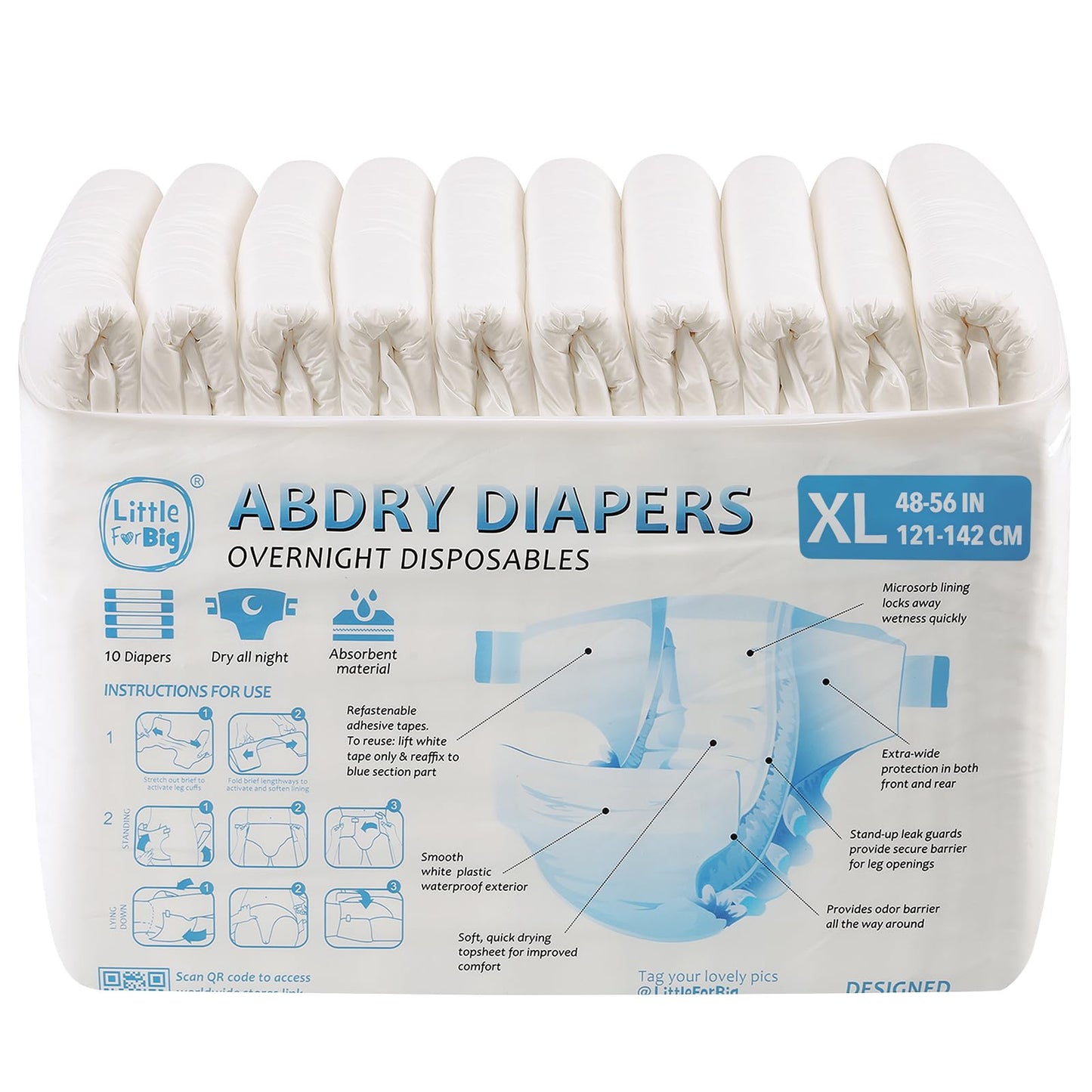 Littleforbig Adult Diaper 10 Pieces - ABDry White Diapers (X-Large 48"-56")
