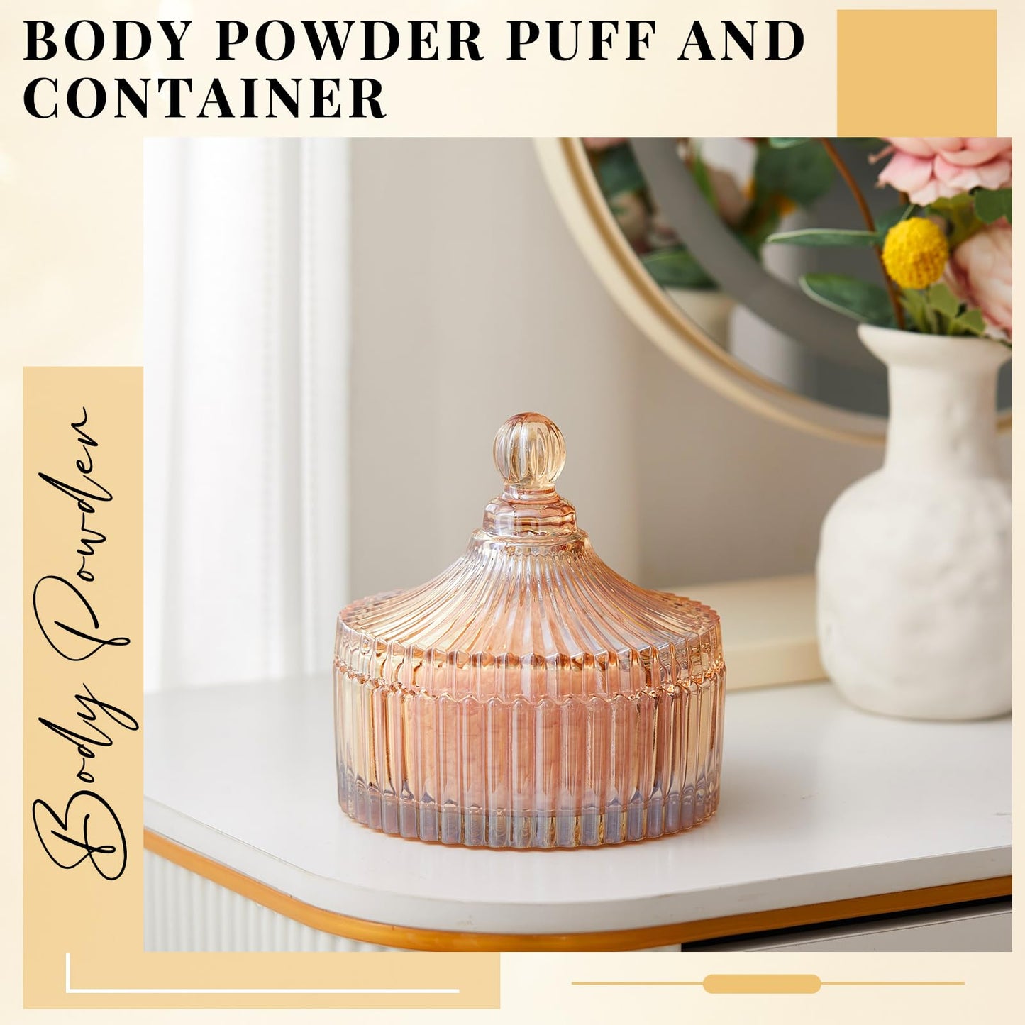 Tioncy 2 Pcs Extra Large Dusting Powder Puff and Container for Women-5.43'' Glass Crystal Dusting Powder Container with 5.91'' B