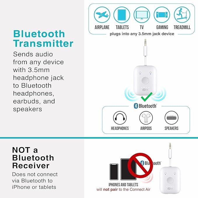 MEE Audio Connect Air in-Flight Bluetooth Wireless Audio Transmitter, with Extra Dual 3.5mm Jack AUX Adapter, for up to 2 AirPods/Other Headphones; Works with All 3.5mm Aux Jacks, White