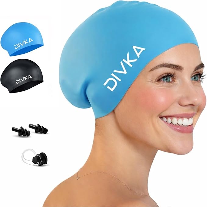 DIVKA 2 Pack Silicone Swim Caps for Women and Men – Waterproof Long Hair Swimming Caps for Adults – Stretchy Comfortable D...