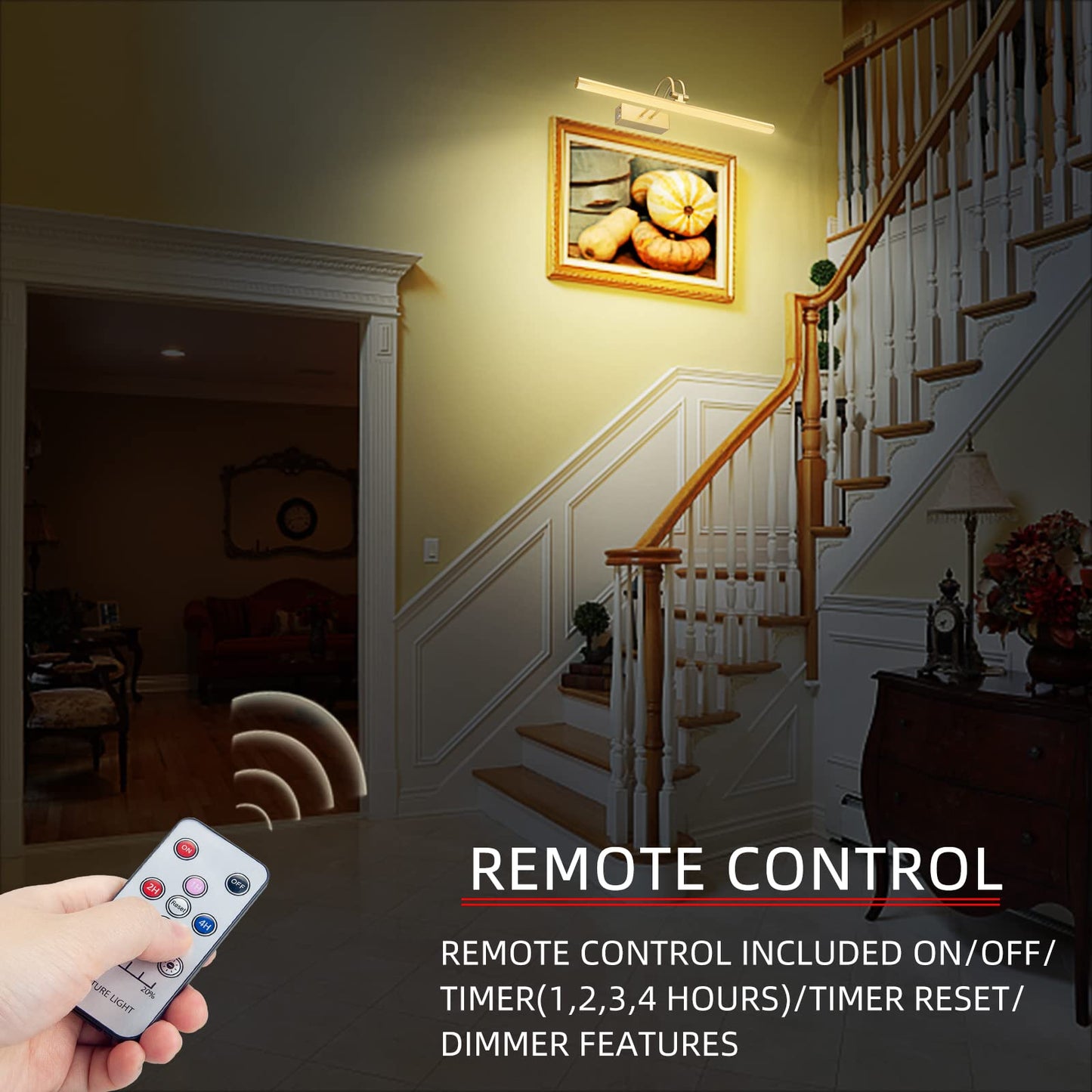 RAIFOOLLY Picture Light, 20in Battery Operated Art Light, Remote Control, Dimmable, Metal, Gold, Model RF00181
