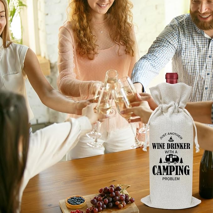 Camper Wine Bag, Camping Gift for Camper Funny Wine Gifts for Women Men Coworkers Friends, Party Favor Wine Champagne Gift Bag With Drawstring -13