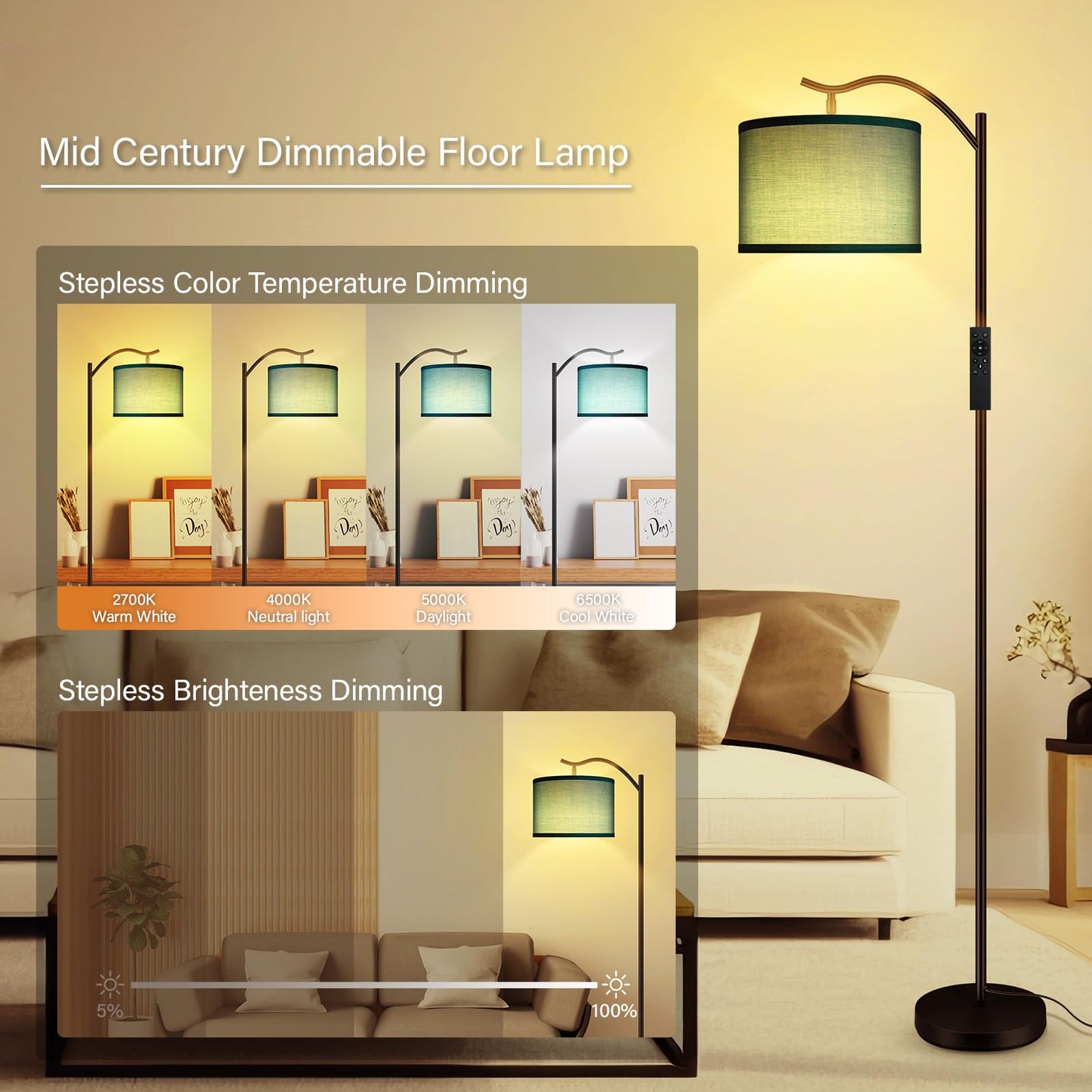 BoostArea Arc Floor Lamp, Remote Control, Stepless Dimmable, Green, Model B1369