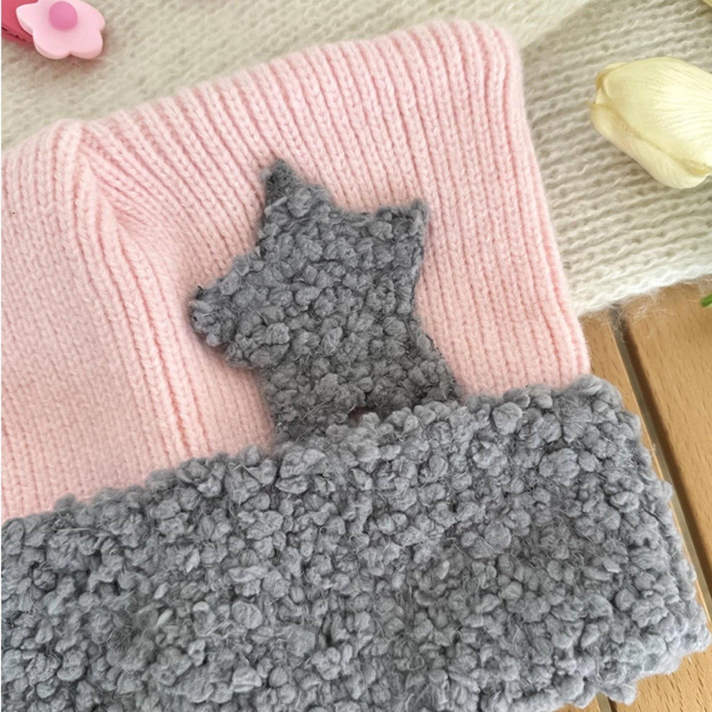 Cute Crochet Hat for Women Y2K Knit Hat Kawaii Beanie Cat Ear Grunge Fairy Slouchy Headgear Accessories (Pink-Grey)