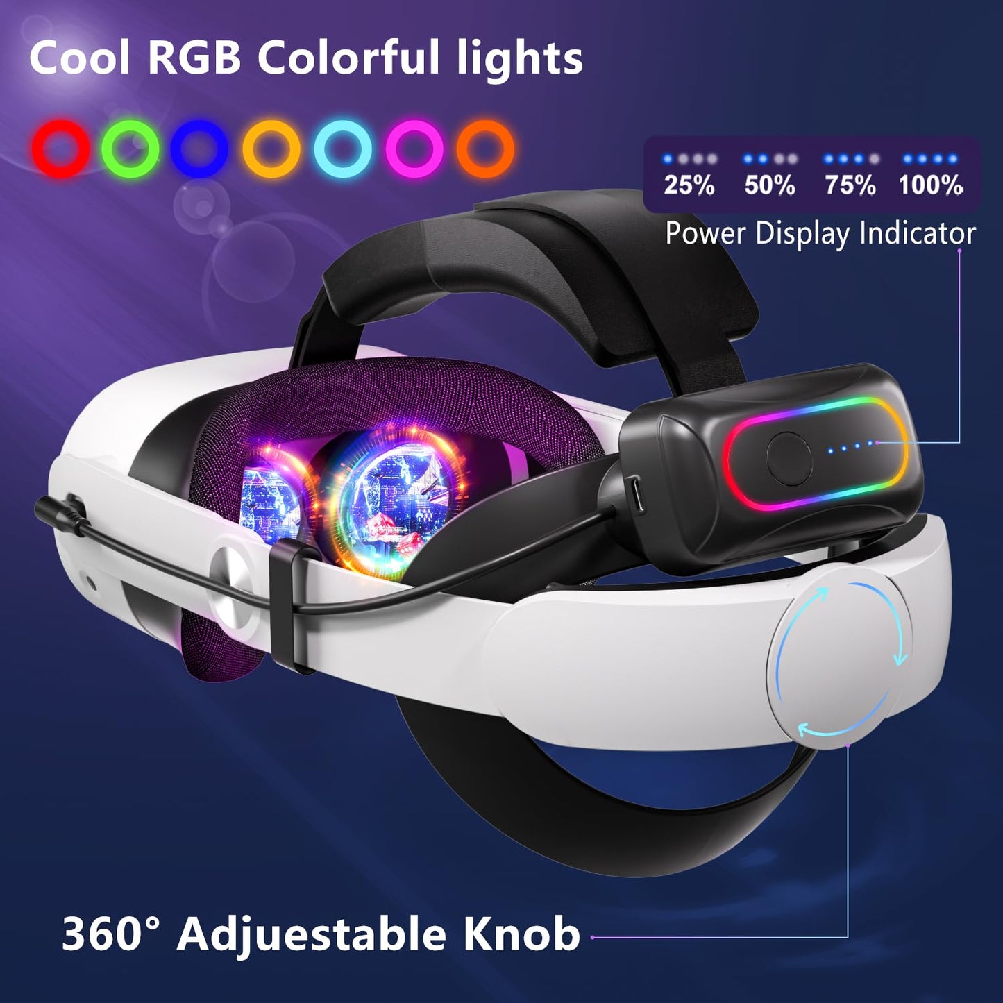 Saqico 20000mAh Dual Magnetic Battery Head Strap Compatible with Meta Oculus Quest 2/3/3S, Cool RGB Battery Pack & Easy to Replace Extend VR Playtime-Premium Comfort & Adjustable, Reduce Facial Stress