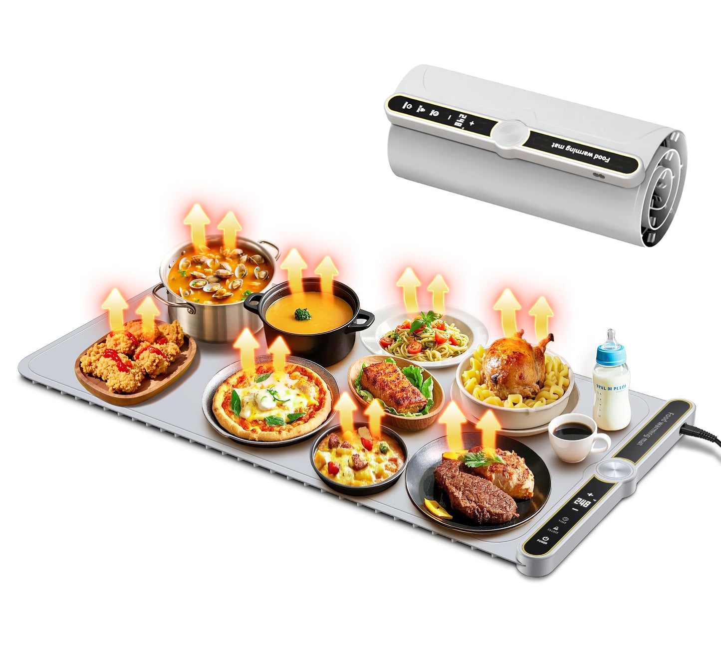 Warming Mat for Food - Extra Large 32"x15" Electric Warming Tray Warm 8 Dishes, 9-Temperature Adjustable, 1-6H Timer, Child Lock, 8s Fast Heating, Foldable Food-Grade Silicone Design