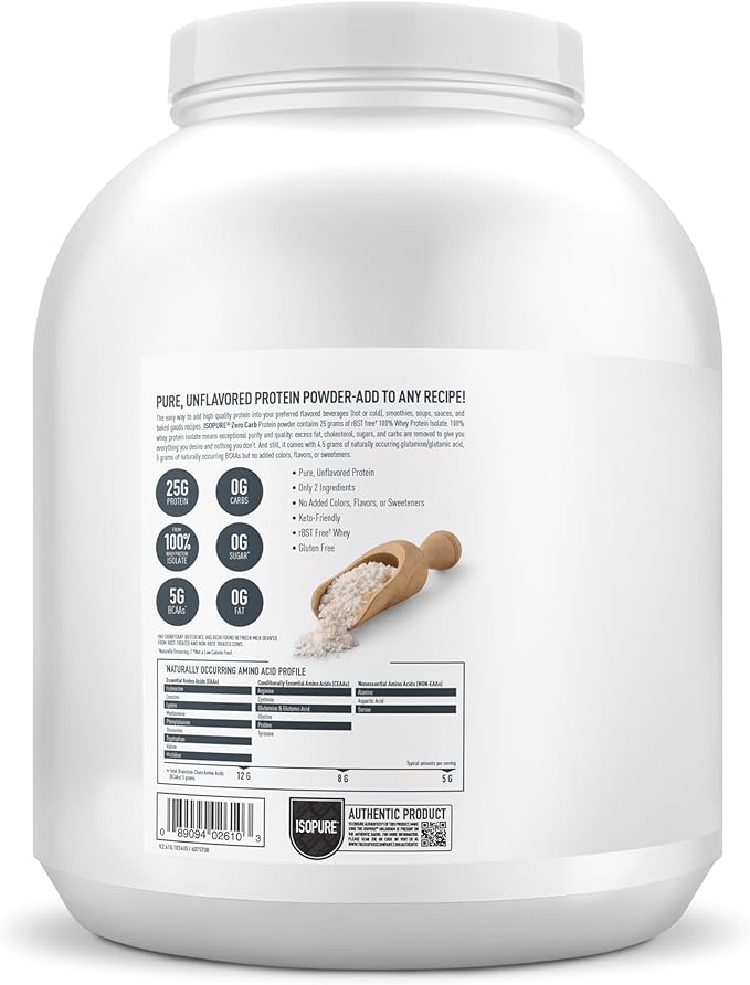 Isopure Zero Carb 100% Pure Whey Isolate Protein Powder, Lactose Free, Gluten Free, with Vitamins, Unflavored, 25g Protein Per Serving, 4.5 Lbs, 50 Servings (Packaging May Vary)