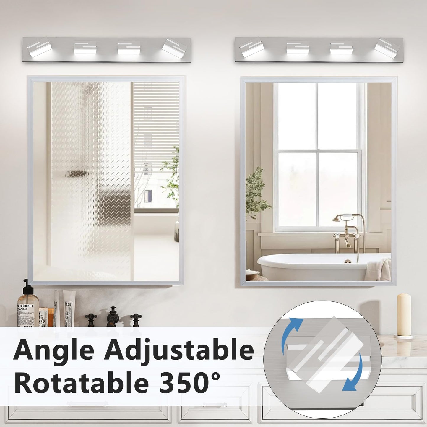 Lkhf Led Modern Bathroom Vanity Light Fixtures 4-Light 28-Inch Dimmable Brushed Nickel Vanity Lights For Bathroom Lighting Fixtures Over Mirror  With 350?Rotatable Acrylic Heads (Cool White 6000K)