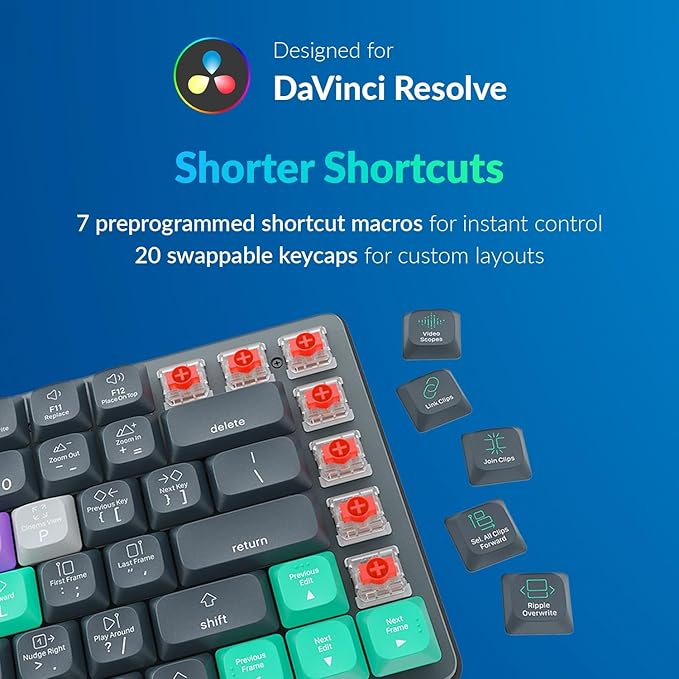 JCPAL DaVinci Resolve Keyboard • Dash Wireless Shortcut Keyboard for Mac and PC • Shortcut Hotkeys, Color-Coded Key Guide, Fully Customizable, Compact Low-Profile Design