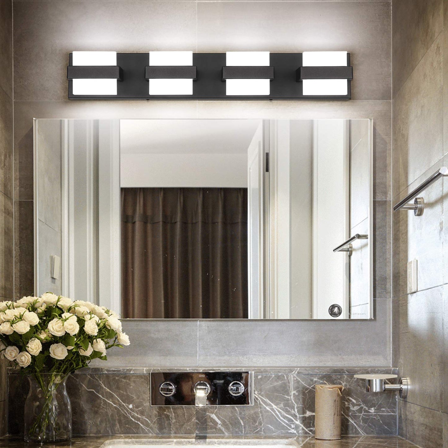 SOLFART Modern 4 Light Vanity Lighting Fixtures, Acrylic Shade, Matt Black, Model 7248-4T-WHL-BK-ND, Non-Dimmable, Bathroom Wall Lights