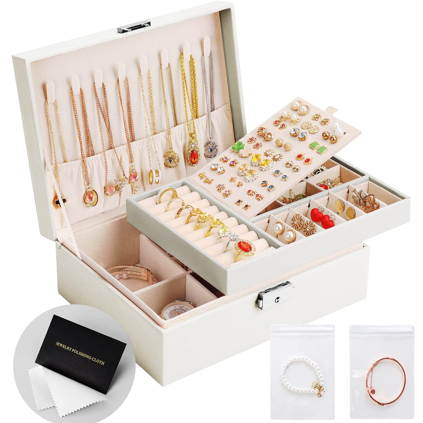 Jewelry Box Organizer for Women Girls 2 Layer Leather Travel Jewelry Storage Case with Lock and Removable Tray for Necklace Earr