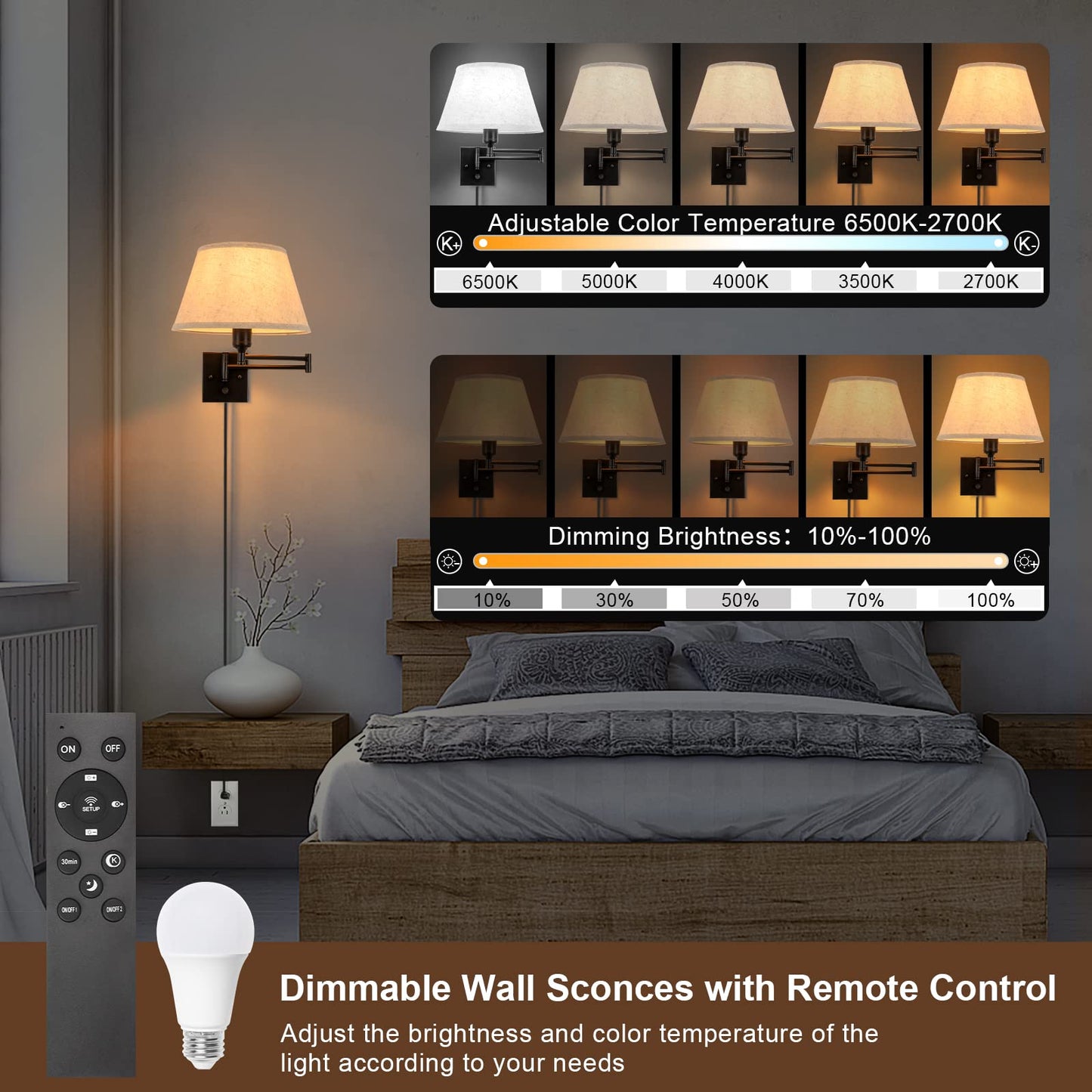 Trlife Wall Sconce, Remote Control Dimming 10-100%, 11.8 Large Beige Fabric Shade, Adjustable Color Temp 2700K-6500K, 2 Pack