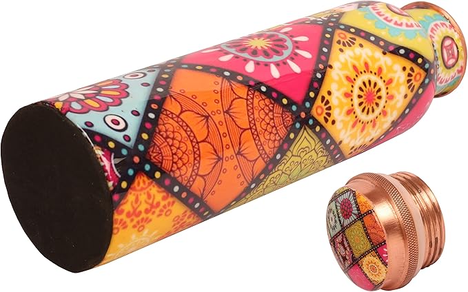 Pure Copper Water Bottle - Handcrafted - Ayurveda health benefits - Large 35 oz - Leak proof - Easy to carry for Sports, Fitness, Yoga, School - Artistic Petals Multicolor Enamel