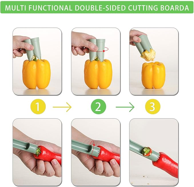 Pepper Corer, 2 in 1 Red Bell Pepper Seed Corer Remover Tool, Fruit & Vegetable Corers Quick Cave Tools for Jalapeno Cutter Deseeder, Green Yellow, 2 PCS